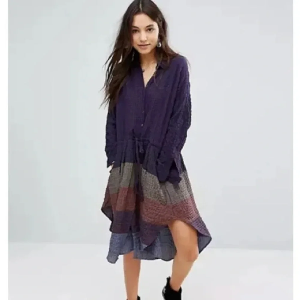 Free People Ray of Light Colorblock Shirtdress w/ Pockets Plum Sz M - Picture 2 of 11